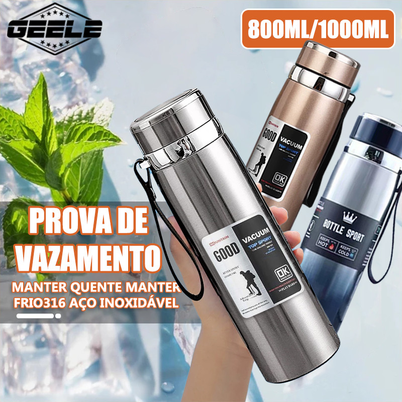 Garrafa 800ml ou 1000ml Inox Térmica Com Infusor Prata Dourada De Água Café Parede Dupla Com Alça em Oferta na Shopee