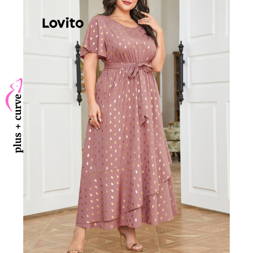(Trendy) Lovito Vestido Elegante Plus Size com Amarração e Babados de Poá para Mulheres LNL38102 (Rosa) - Women Clothes