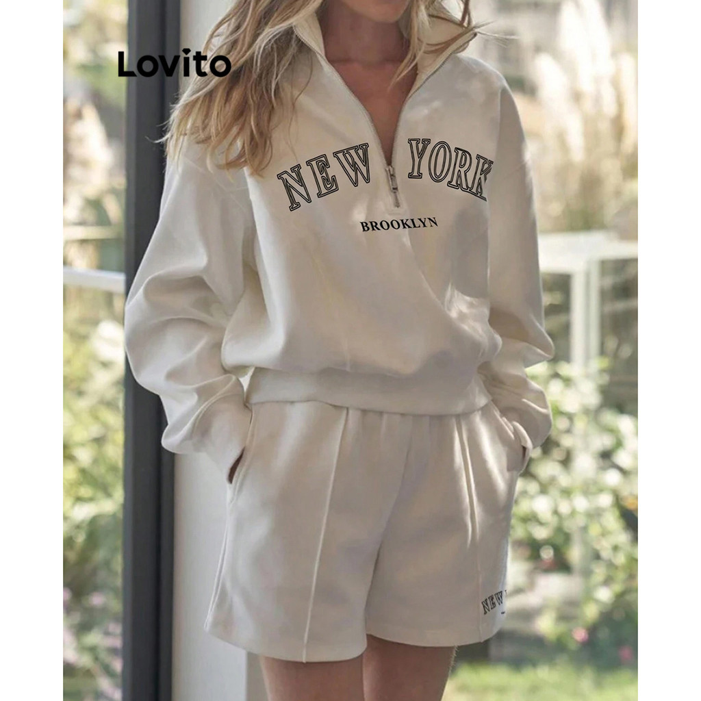 (Trendy) Lovito Tops ou calças femininas casuais com estrutura de letras e bolso com zíper LBL11125 em Oferta na Shopee