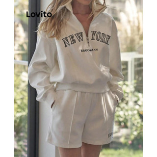 (Trendy) Lovito Tops ou calças femininas casuais com estrutura de letras e bolso com zíper LBL11125 em Oferta na Shopee