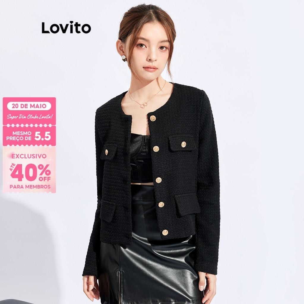 (Trendy) (Lovito Premium) Jaqueta Feminina Elegante Lisa Gola Redonda Botão Estilo Coreano L32FW095 (Preta) - Women Clothes