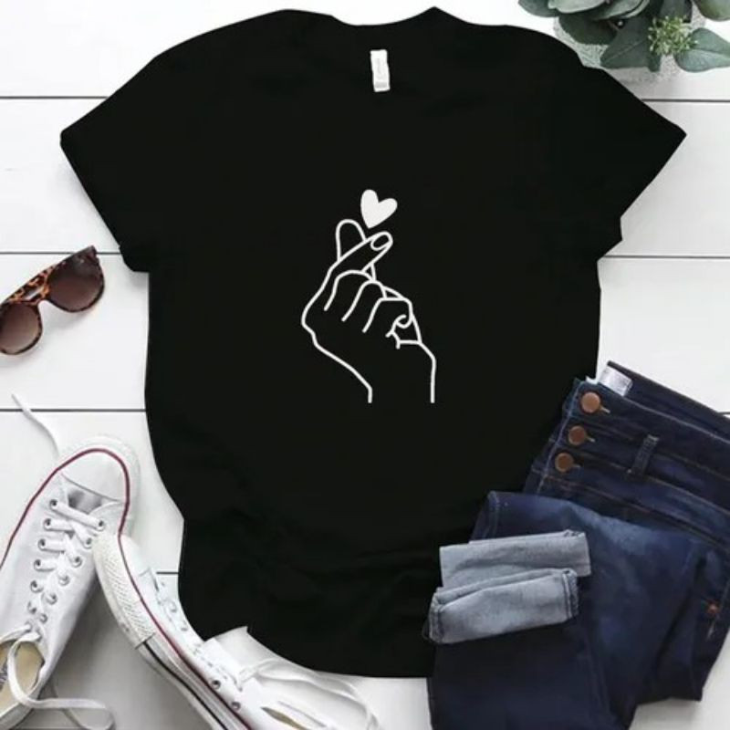 Camisa Preta - Dedo Coreano Coração - Camisa Feminina Bts Camiseta 100% Algodão