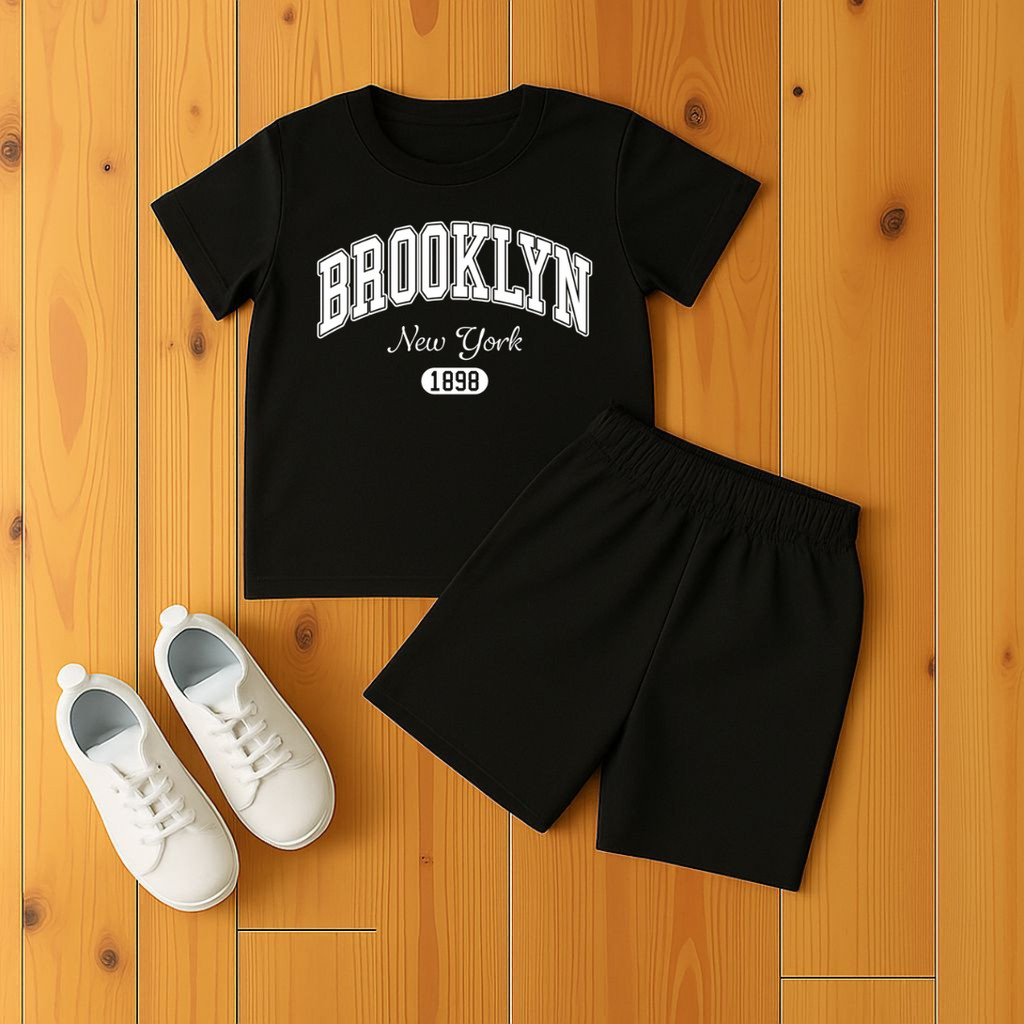 Conjunto  Bermuda Moletinho e Camiseta Algodão para Crianças Estampado Brooklyn