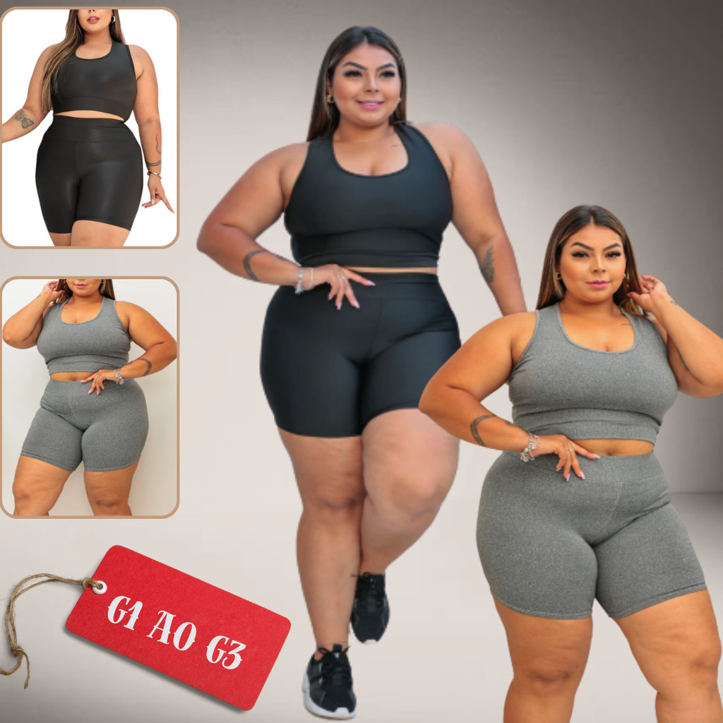 Conjunto De Academia Plus Size Curve Kit C/ 2 Tops + 2 Shorts Legging Feminino Fitness Em Suplex Meia Coxa Cintura Alta