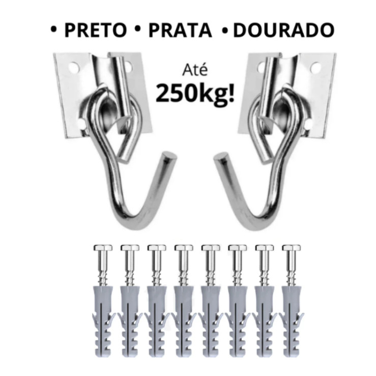 Kit Par Gancho De Rede Balanço até 250kg Armador Aço Grosso Reforçado Com 8 Parafusos E 8 Buchas