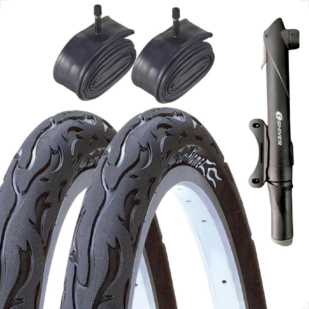PAR Pneu Bicicleta Kenda Flame Balão Aro 26 x 2.125 Liso Fogo + PAR Camara Bico Grosso + Bombinha
