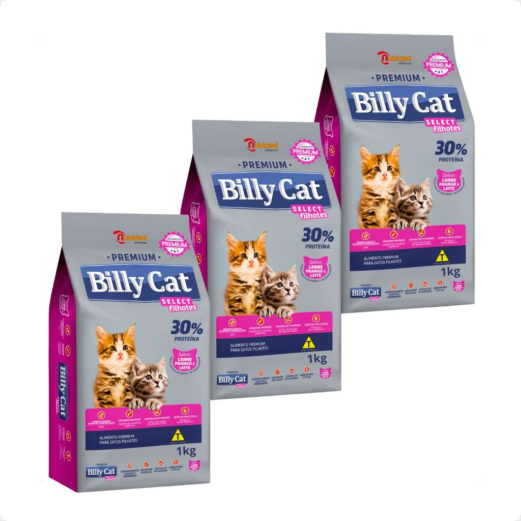 Kit 3 Ração Billy Cat Select Gatos Filhotes - 1Kg em Oferta na Shopee