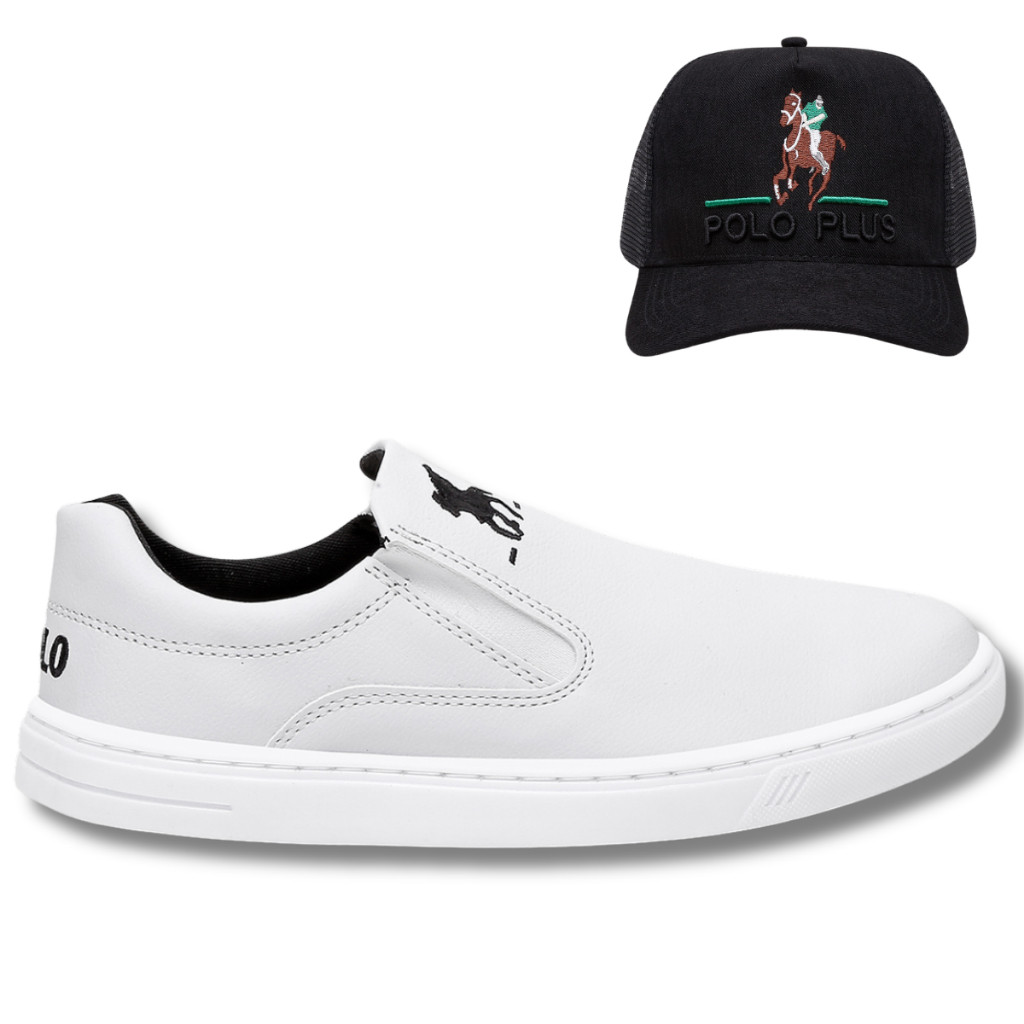 Kit Tênis Masculino Casual Slip On Polo Plus + Boné Estiloso Leve Confortável Urbano