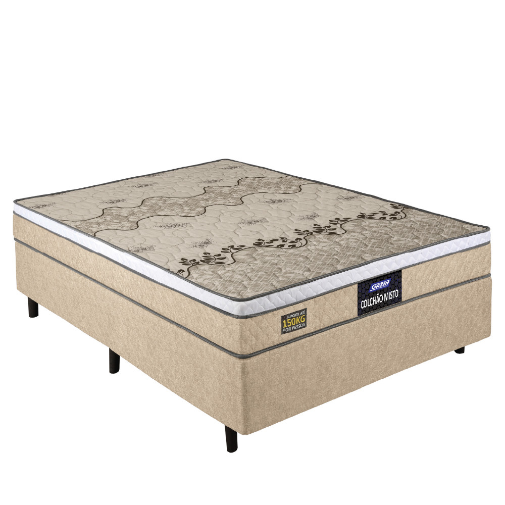 Cama Box Casal Colchão Espuma D33 Fort Gazin 138x188x59cm Bege/Branco - Suporta até 150kg por Pessoa