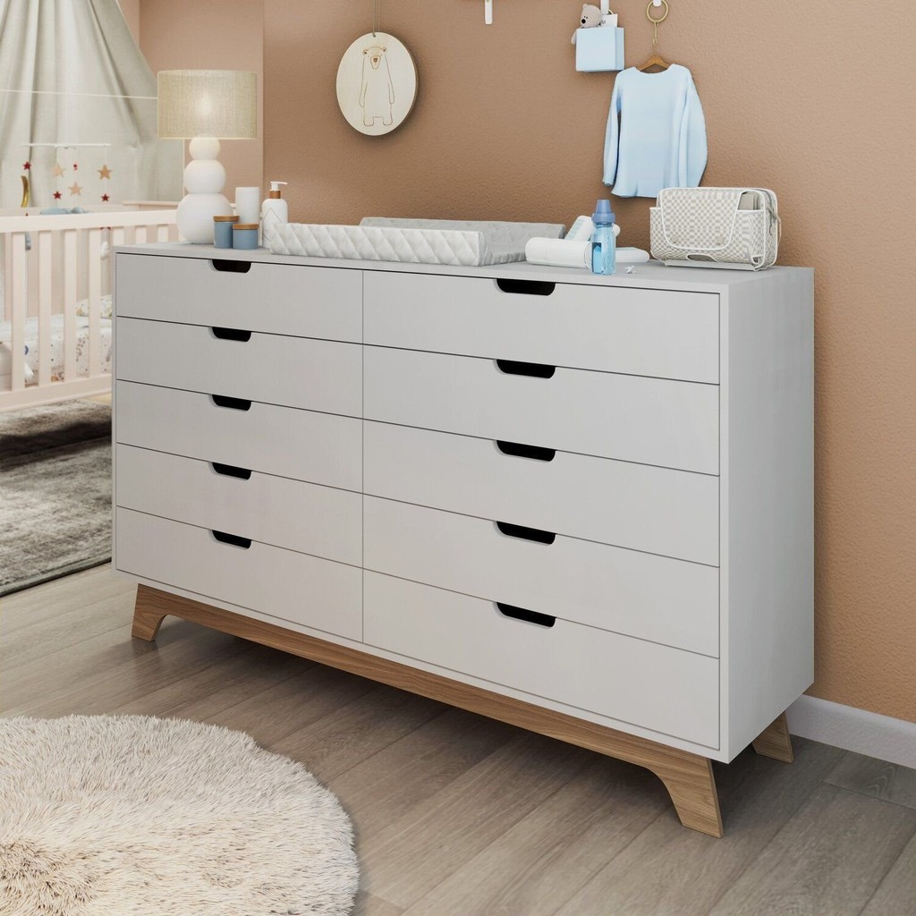Cômoda para Quarto Infantil 10 Gavetas 100% Mdf Alice Branco/Louro Freijo em Oferta na Shopee