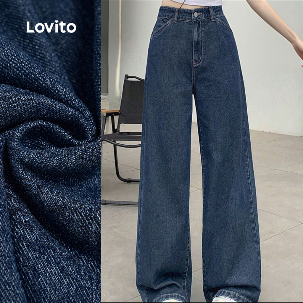 (Casual) Lovito Jeans Clássicos e Versáteis Jeans Lavados Primavera/verão Cinza Azul para Mulheres L143ED531