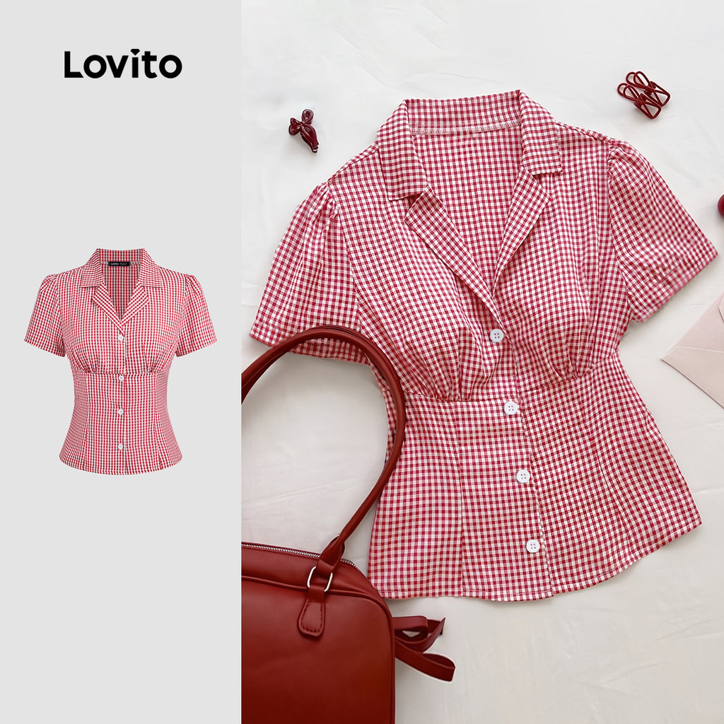 (New) Lovito Blusa Casual com Botões e Plissada para Primavera/verão Vermelha para Mulheres L144AD021 em Oferta na Shopee