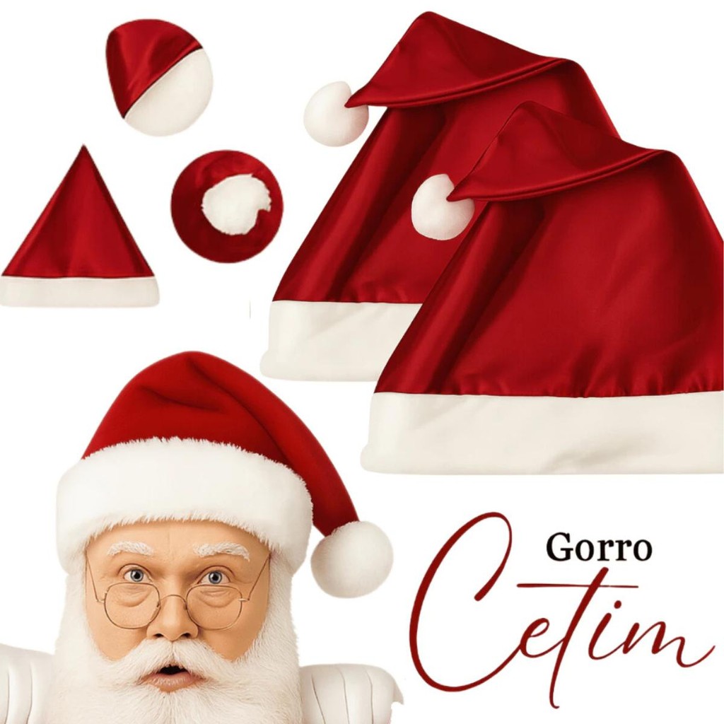 Gorro De Papai Noel Kit Com 20 Touca De Cetim Liso Vermelho
