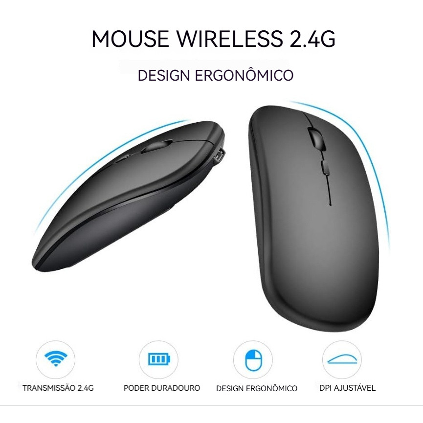 Mouse Ergonômico Sem Fio Recarregável 2.4G Ultra Silencioso Receptor USB Portátil Design Ultrafino