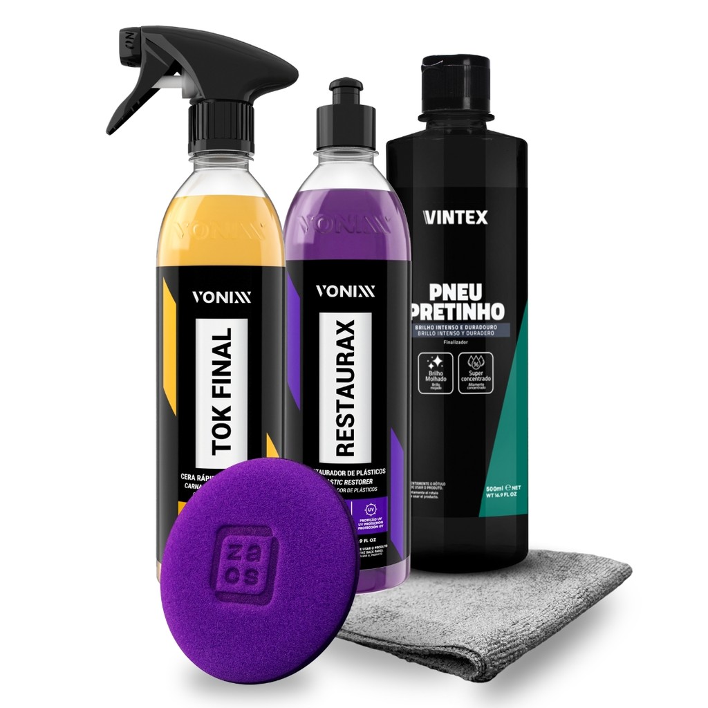 Kit Vonixx Cera Tok Final + Revitalizador De Plásticos Restaurax E Pneu Pretinho Vintex + Aplicador Espuma + Microfibra em Oferta na Shopee