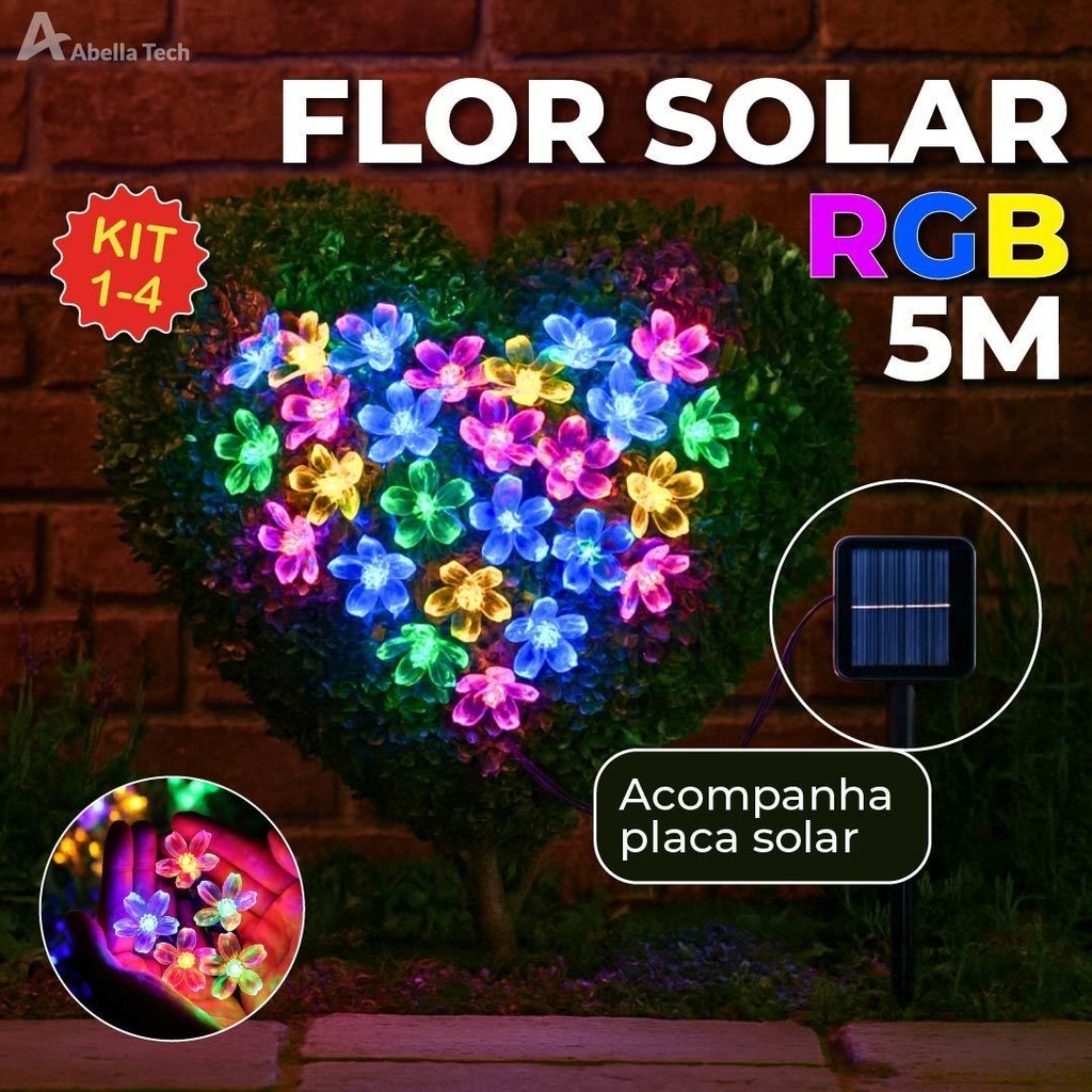 20M Luz Solar Fio de Fada Flor RGB 5M Led Com Placa Solar para ambientes externos em Oferta na Shopee