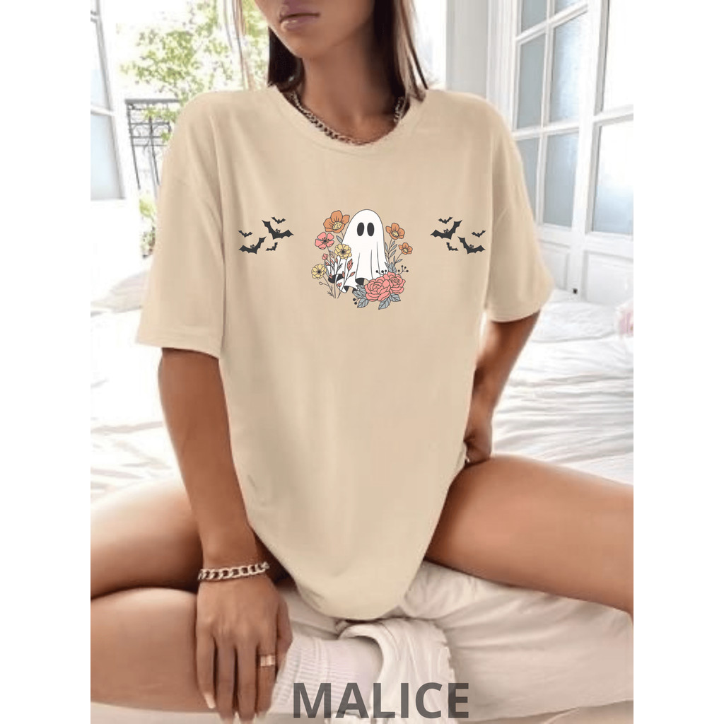 Camiseta Oversized Feminina Fantasma Noite Hallowen Camisa Casual Básica 100% Algodão