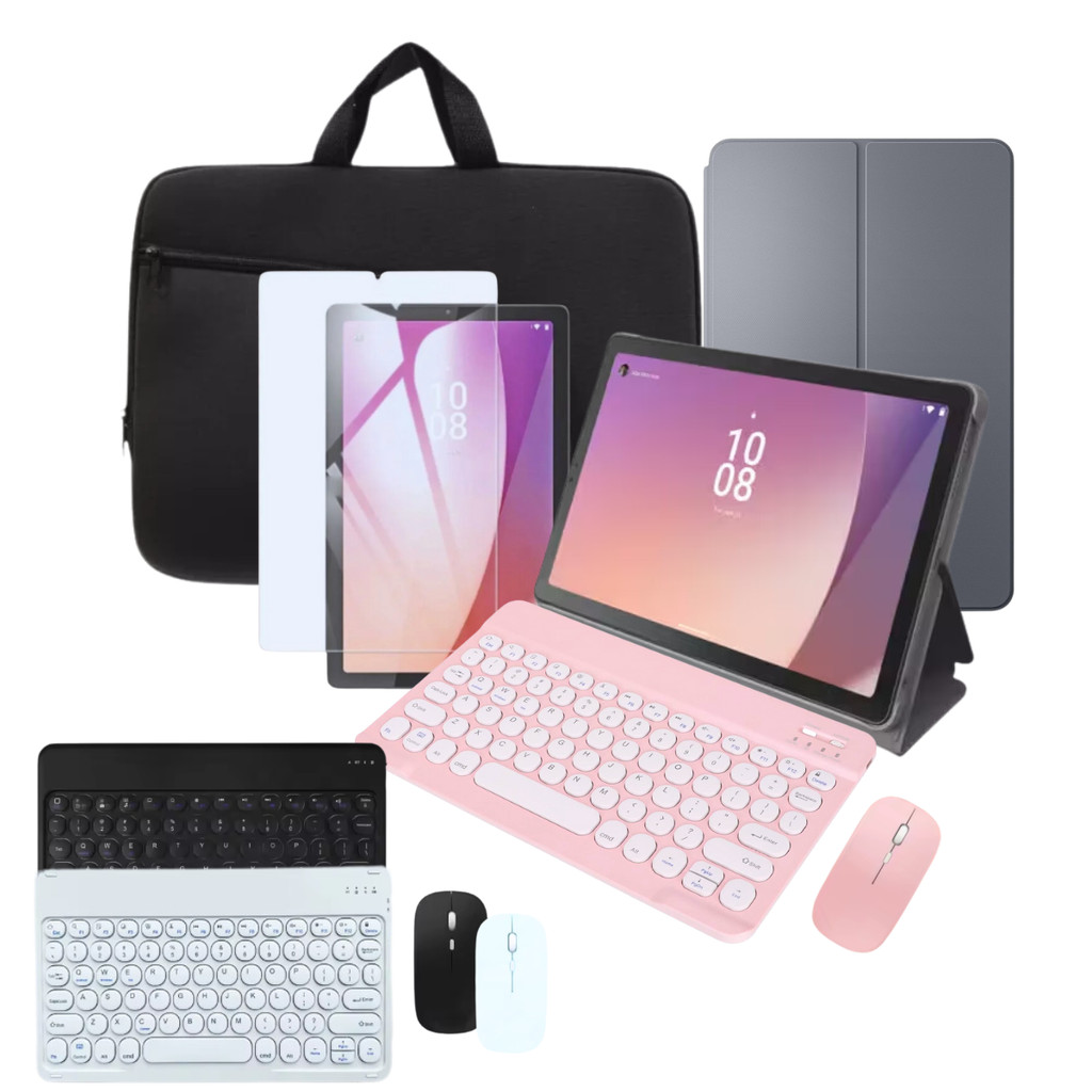Kit para Lenovo Tab M9: Capa Flip Cinza com Suporte, Teclado Mouse Bluetooth, Película Cristal e Luva para Transporte