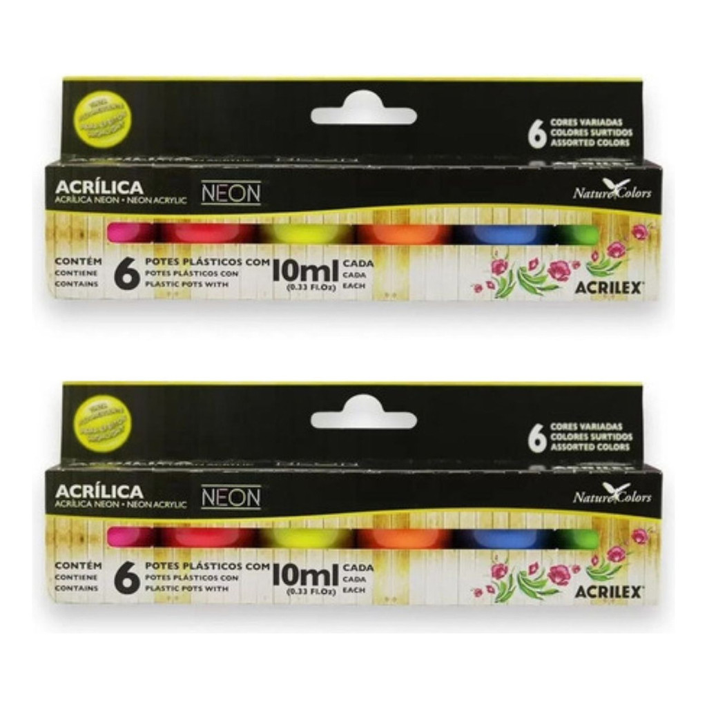 2 Caixas Tinta Acrílica Neon Acrilex Kit 6 Potes 10ml Madeira, Papel, Cerâmica, Isopor, Couro, Gesso