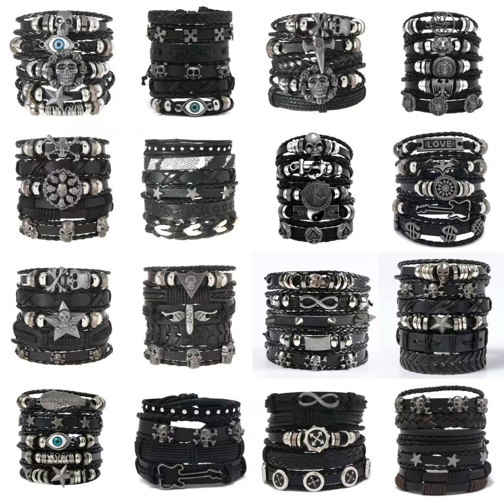 Punk Gótico Crânio Pentagrama Volante Pulseira De Couro Para Homens Retro Elegante Pulseiras Jóias em Oferta na Shopee