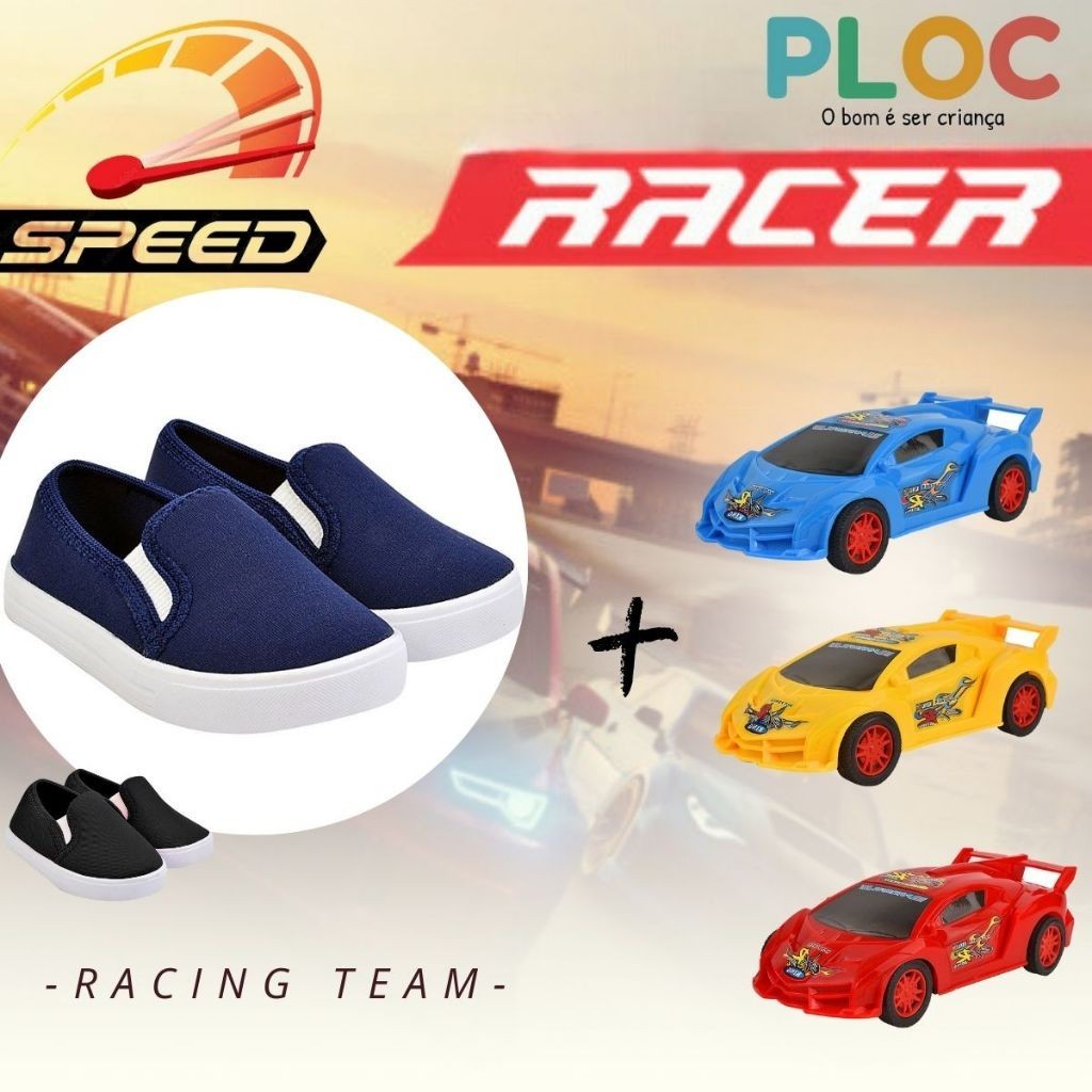 Kit Ploc Racer: Tênis IATE Passeio Escola Iate menino + Carrinho RACER Ploc