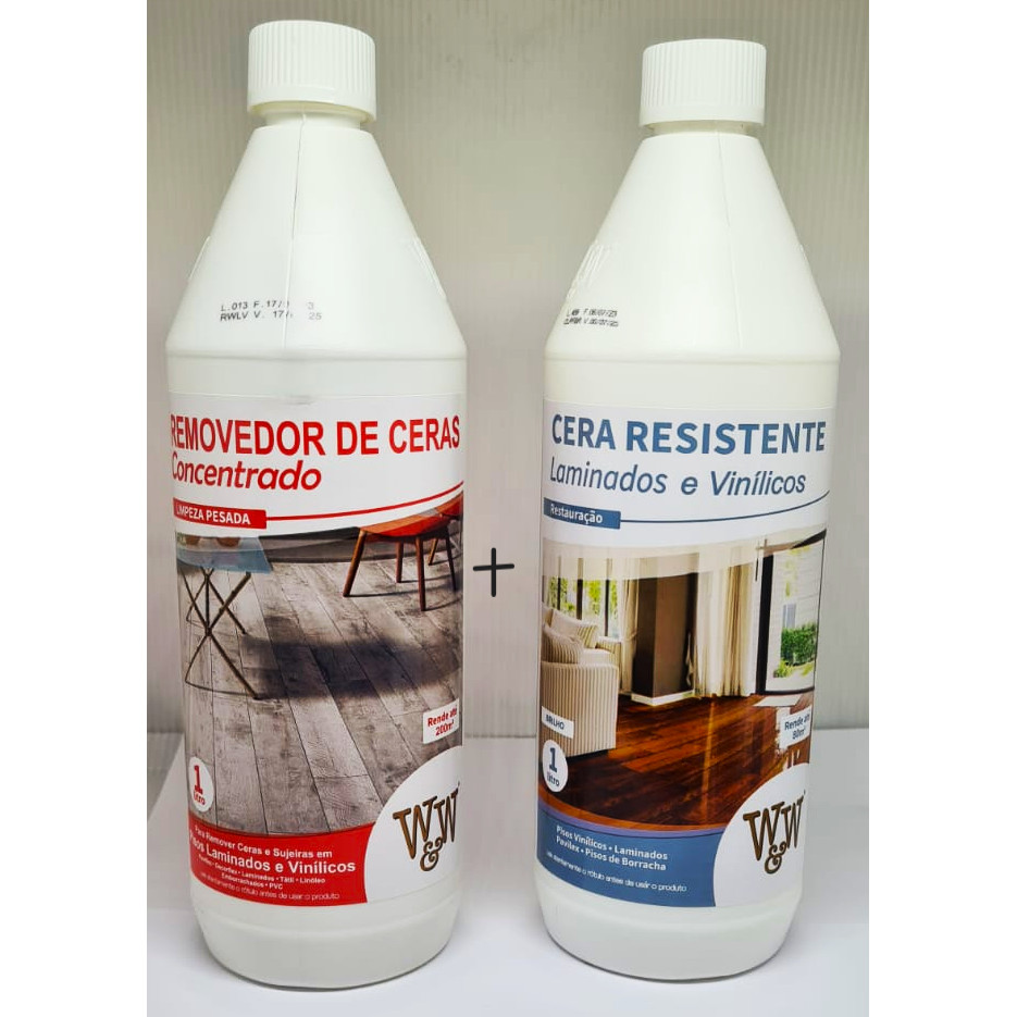 Kit Restauração Laminado e Vinílico W&W Removedor de Cera Antiga + Cera Resistente Brilhante 1L