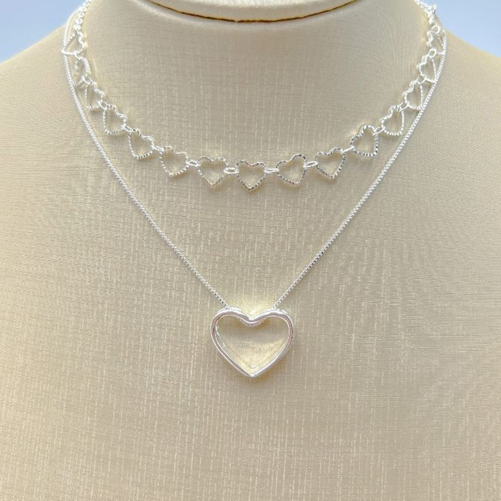 KIT 2 Choker Colar a Elo de Coraçã + Colar Coração Vazado em banhado a Prata 925 - tipo Tyfanny