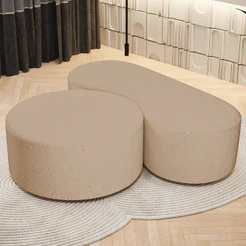 Kit Puff Redondo Lola e Puff Recamier Orgânico Orbit W01 Linho Bege Escuro - Lyam Decor