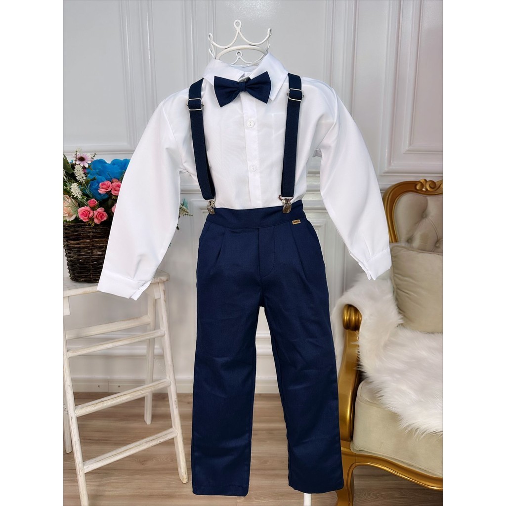 Conjunto Social Para Formaturas Pajem Príncipes Camisa Calça e Gravata Suspensório Azul Marinho