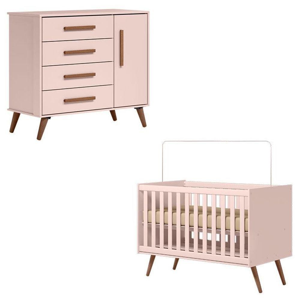 Berço Americano 3820 E Cômoda Infantil 3825 Q Encanto Retrô Rosa - Qmovi - Mom & Baby