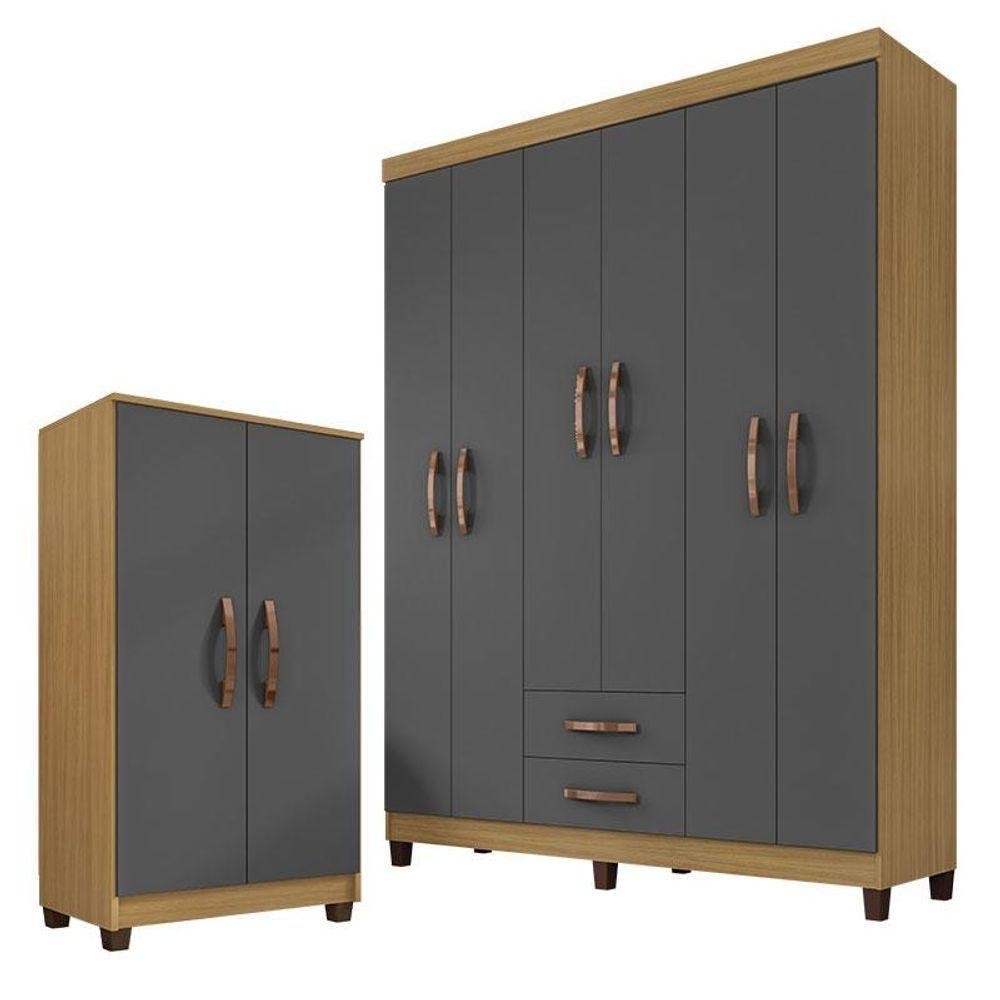 Guarda Roupa Casal Módena Com Armário Multiuso Recife Carvalho Americano Grafite - Incorplac em Oferta na Shopee