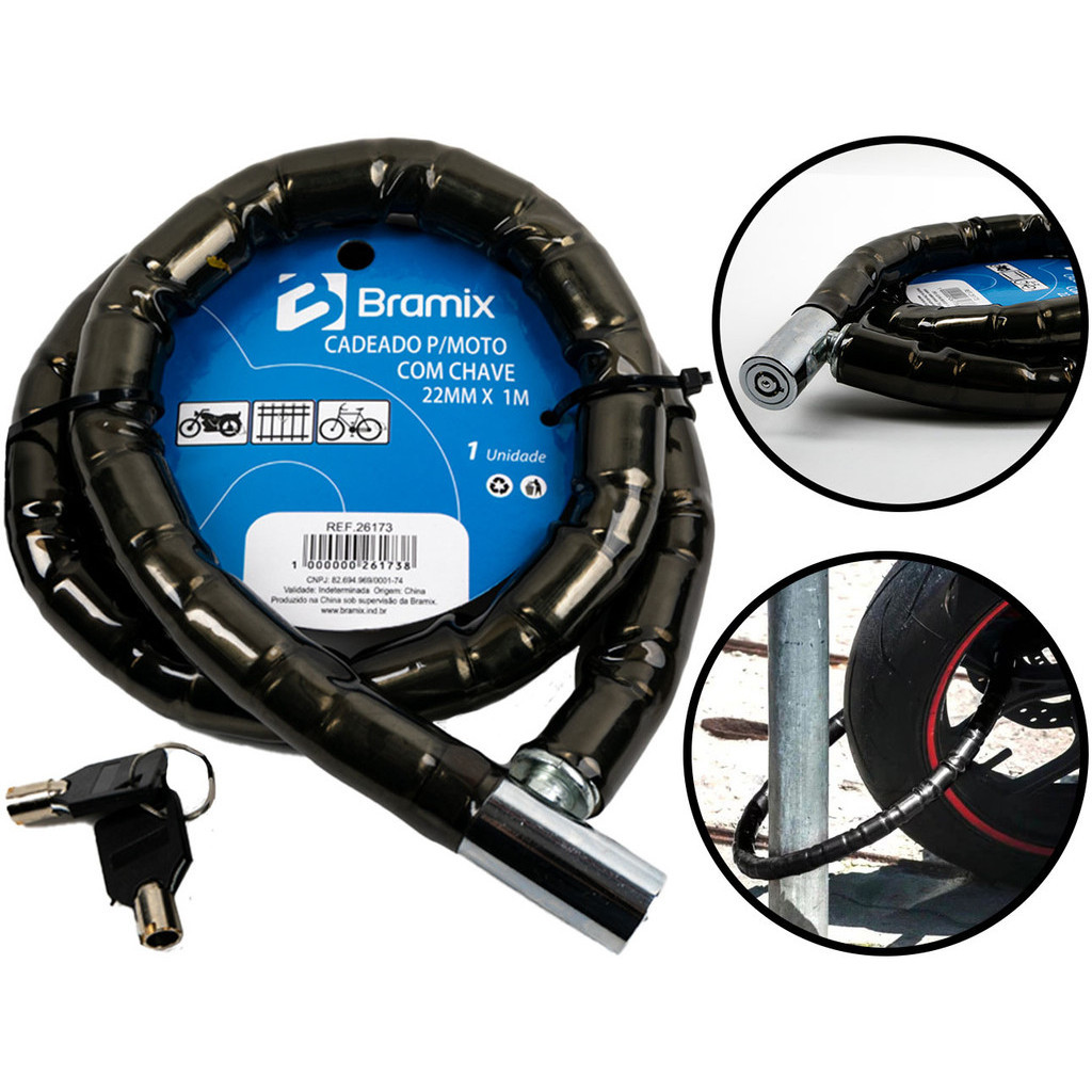 Cadeado Para Moto Com Chave Trava De Segurança Articulada Anti Furto 22mm x 1 Metro