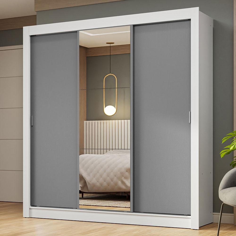 Guarda-Roupa Casal 3 Portas de Correr com Espelho Branco/Cinza Nobre Madesa em Oferta na Shopee