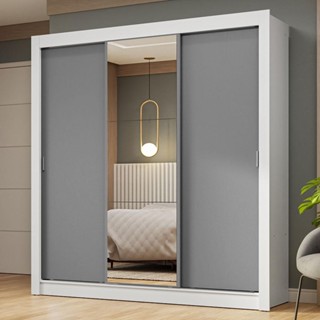 Guarda-Roupa Casal 3 Portas de Correr com Espelho Branco/Cinza Nobre Madesa em Oferta na Shopee