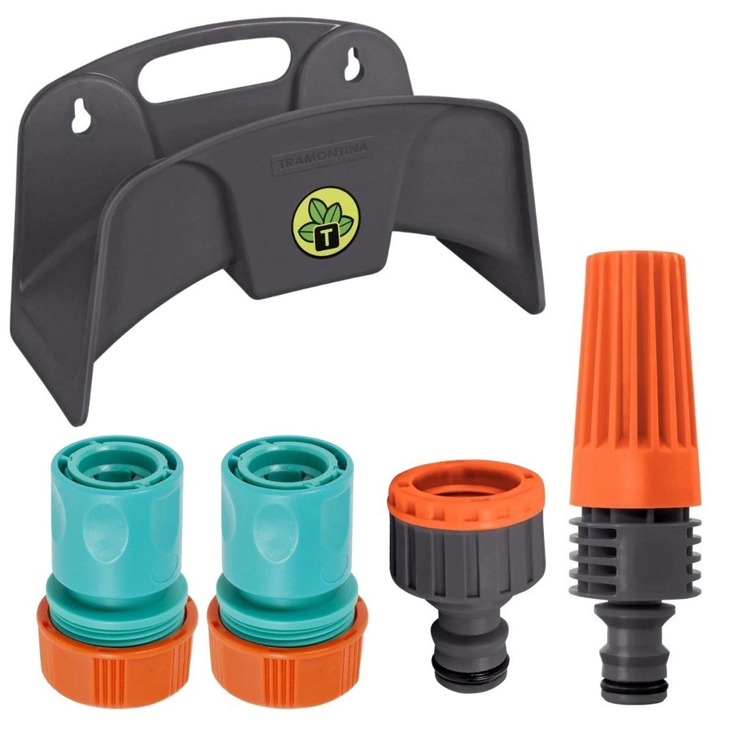 Kit Suporte Plástico Enrolador Porta Mangueira com Engate Rápido 3/4" 5/8" e Bico Torneira Tramontina Jardim