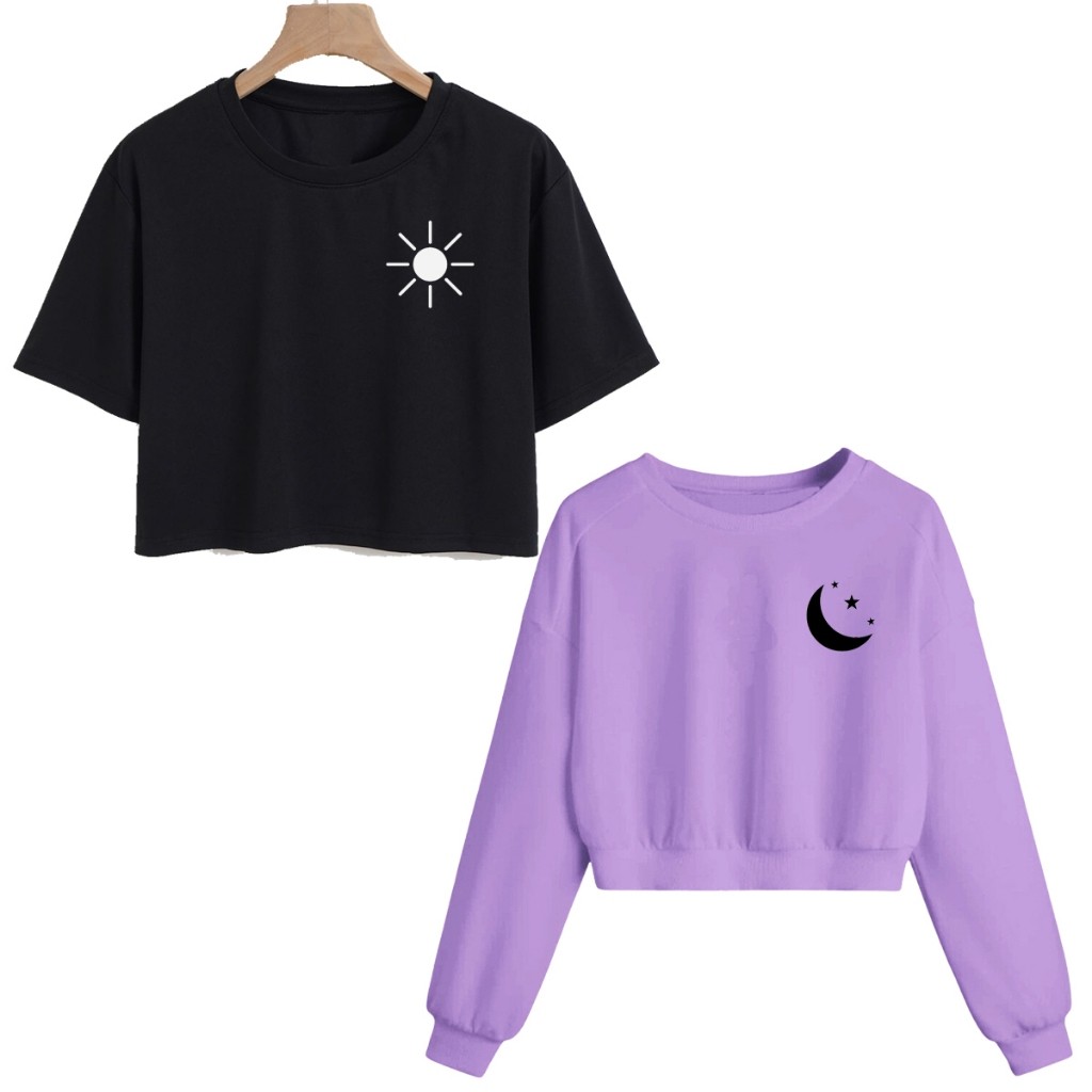 Kit Moletom Cropped + Tshirt Cropped Estampa Sol e Lua Oferta