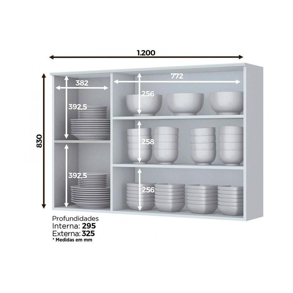 Detalhes do Armário Aéreo p/ Cozinha Americana c/3 Portas e c/2 Vidro 120cm Branco - Henn