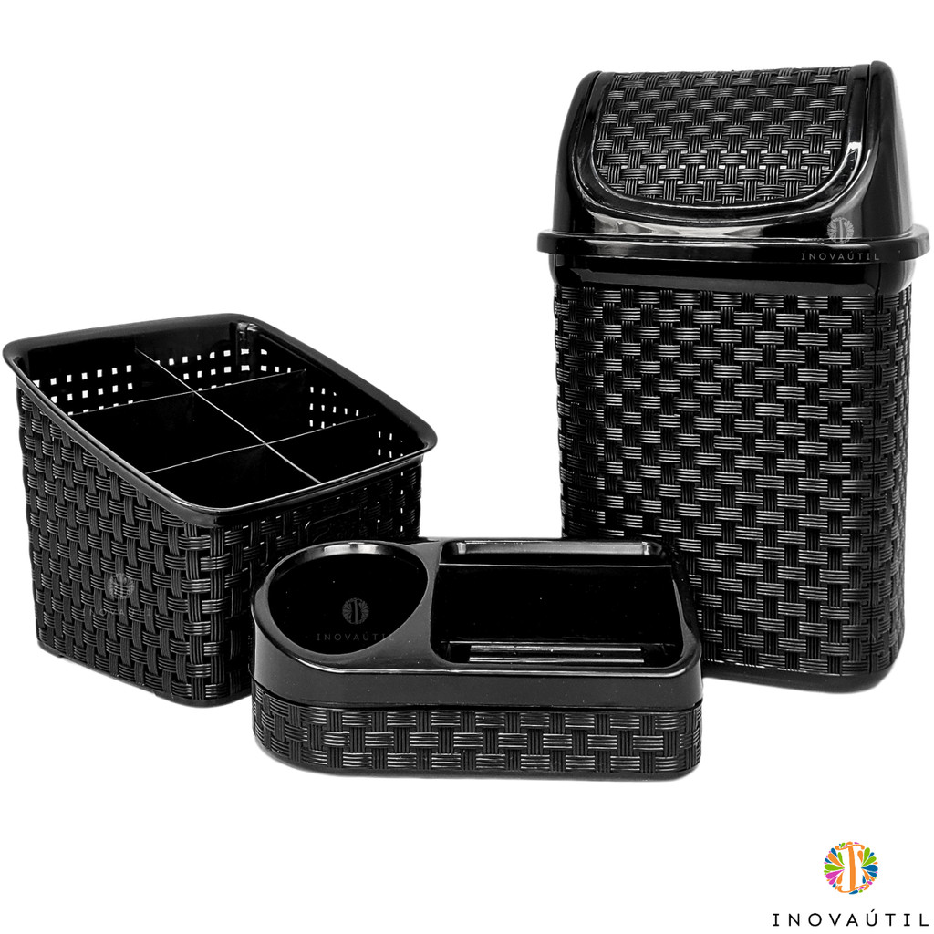 Kit Pia Cozinha 3Pçs C/Lixeira 4,5Lts Basculante Porta Detergente 3 em 1 Escorredor P/Talheres 6 Div
