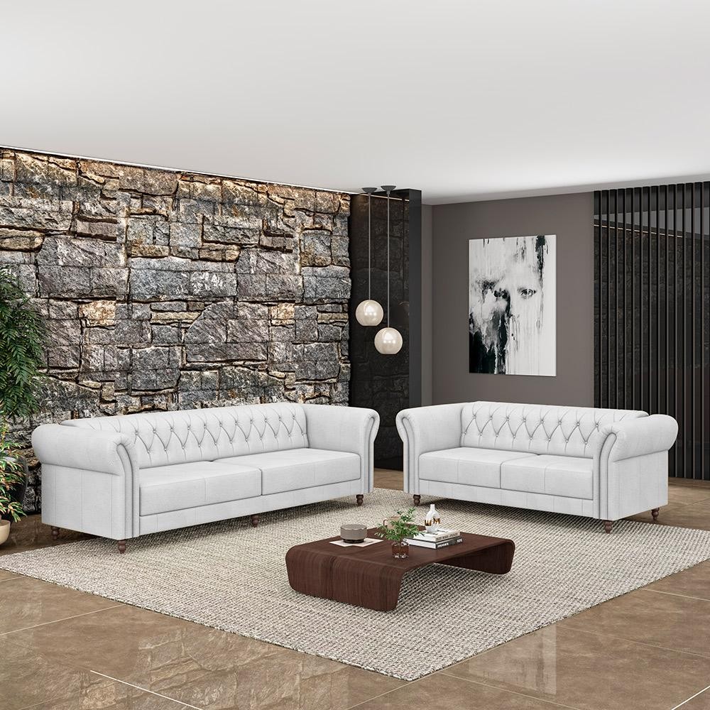 Imagem Conjunto de Sofá Sala de Estar Stanford Chesterfield 2 e 3 Lugares 180cm/260cm Pés Madeira Couro Branco G58 - Gran Belo