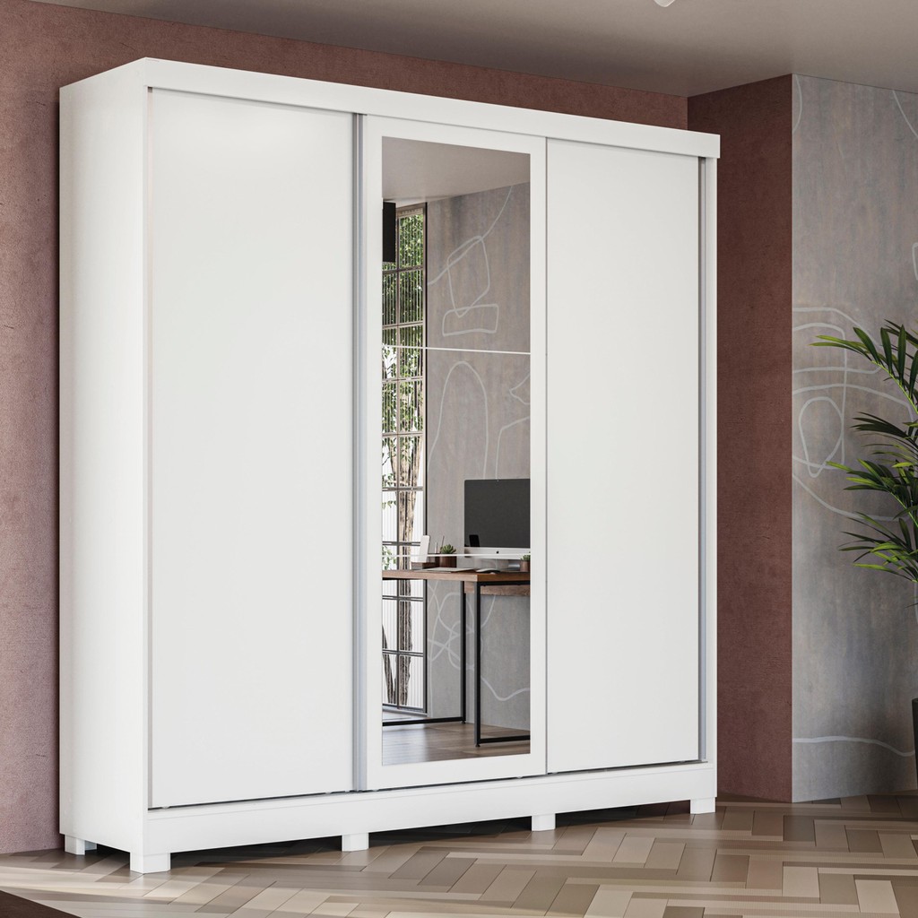 Guarda-Roupa Casal Kappesberg 3 Portas Reversiveis de Correr 3 Espelhos 4 Nichos Branco - Home & Living