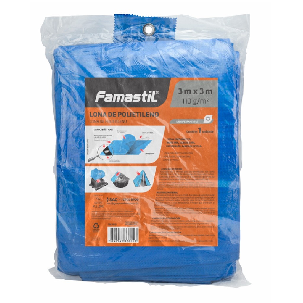 Lona Polietileno Famastil 3x3m 150 Micras Azul com Cantos Reforçados Impermeável Para Coberturas em Oferta na Shopee