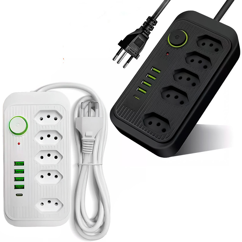 Extensão Elétrica Filtro de Linha Bivolt 110v/220v Energia 5 Tomadas Régua Entrada P/ Cabo USB e USB-C - Kapbom