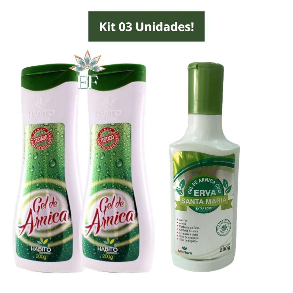 Kit 3 Unidades (2 Gel de Arnica 200g Hábito Cosméticos + 1 Gel de Arnica Com Erva Santa Maria 200g Mix Flora)