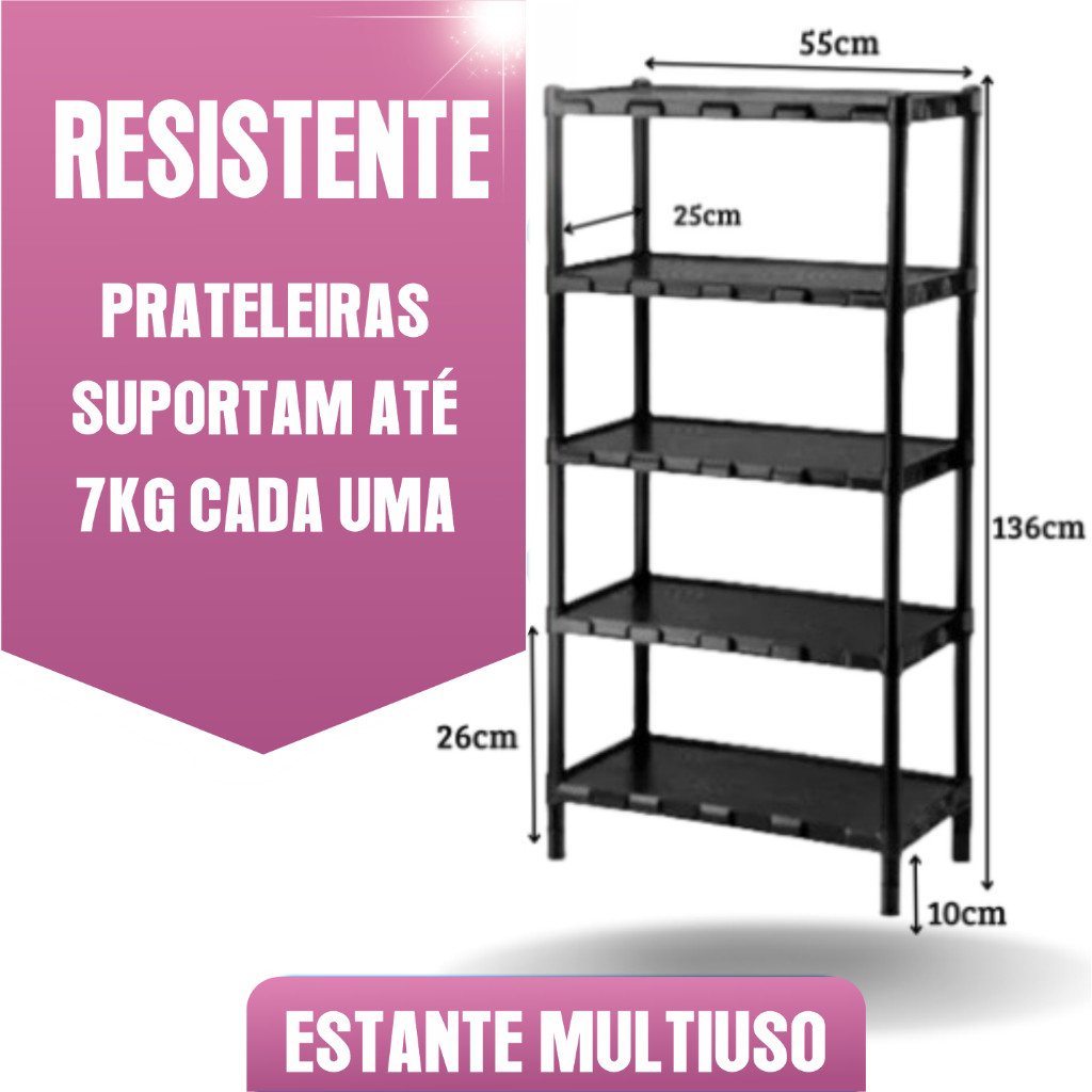 Estante Preta 5 Prateleiras Plástico Multiuso Organizadora Modular Cozinha Lavanderia Quarto