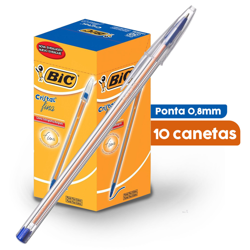 Kit 10 Canetas Esferográfica Transparente Bic Azul Preta Vermelha Com Ponta Fina em Oferta na Shopee