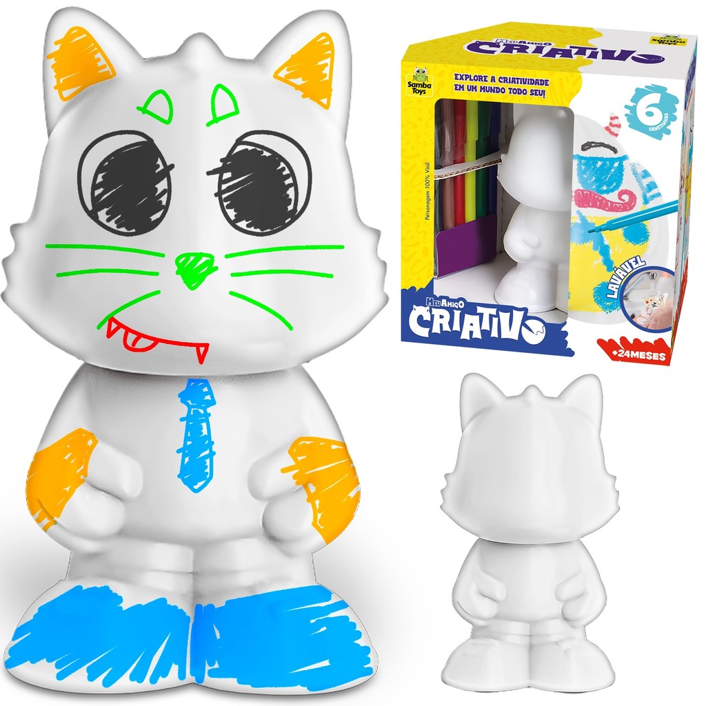Boneco Gatinho Charlie Em Vinil Macio Educativo Para Bebe De Pintura Com Canetinha Lavavel - Samba Toys