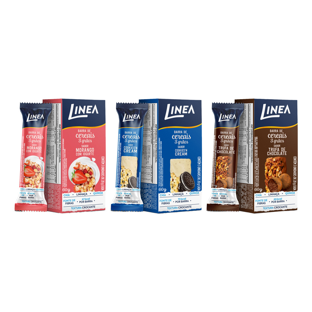 Kit 3 Caixas de Barra de Cereal 3 Grãos Integrais Linea Sabor Morango com Iogurte, Trufa de Chocolate e Cookies’n Cream em Oferta na Shopee
