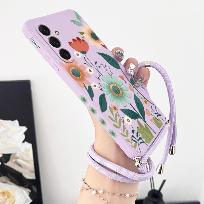 Capa De Telefone De Silicone Com Cordão De Flor Forte 55 Para Samsung A55 A51 A53 A54 A52 A72 A31 A32 A70 A52S A50 A73 A
