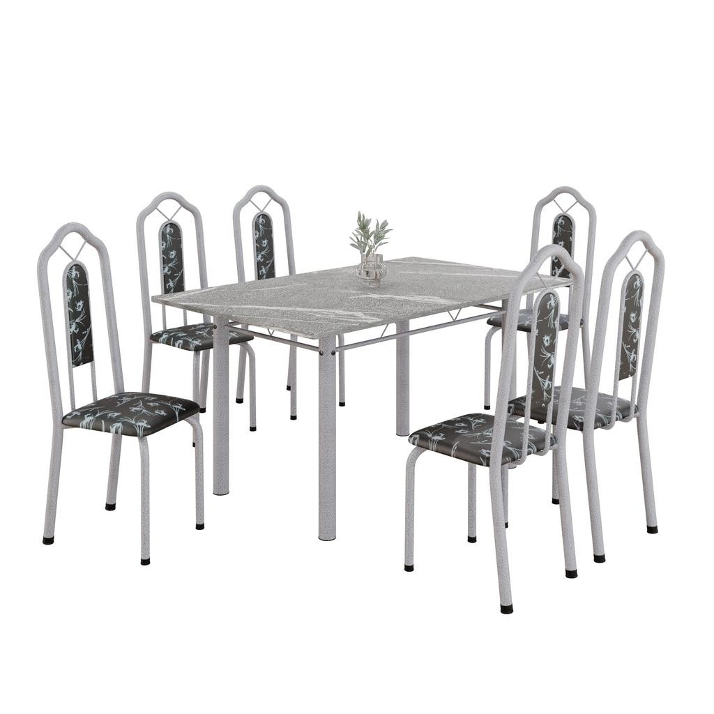 Conjunto de Mesa Tubular 6 Cadeiras 140x75cm Mart Perola com Tampo em Granito Topázio Brenda 010 - Tudo de Móveis