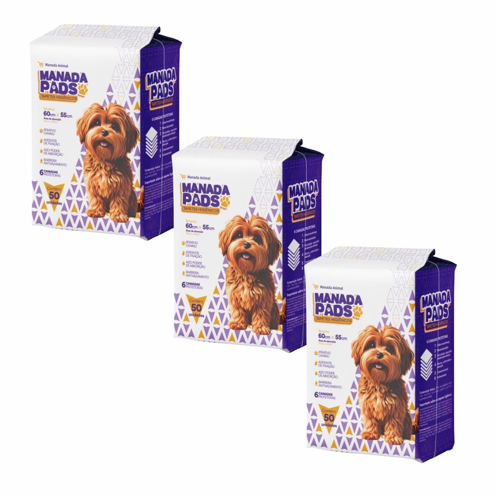 3 Pacotes Tapete Higiênico Para Cães Manada Pads 55X60 50 Unidades Cada Pacote Totalizando 150 Unidades Manada Animal em Oferta na Shopee